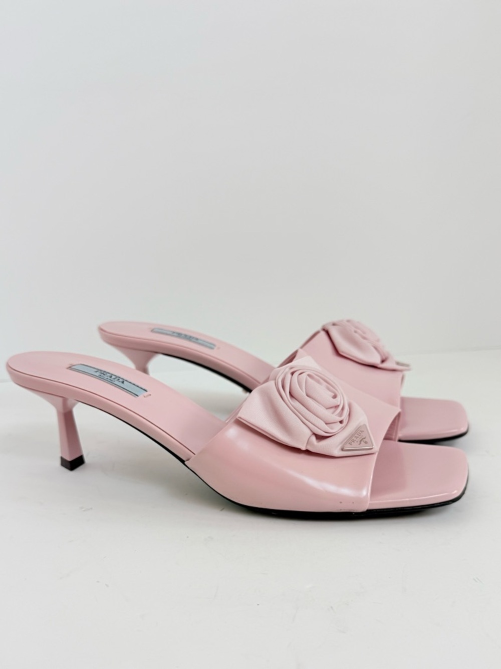 Prada Pink Rosette Triangle logo Square Toe slide Mule kitten Heels EU 39 US 9 - Picture 10 of 13